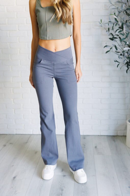 Building Habits Twill Flared Crossover Waist Pant in Titanium Ave Shops
