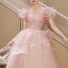 Pink Tulle Sequins Long Formal Dresses, Beautiful Short Sleeve Evening Dresses viviyshop.com