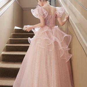 Pink Tulle Sequins Long Formal Dresses, Beautiful Short Sleeve Evening Dresses viviyshop.com