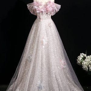 Pink Tulle Sequins Long Prom Dress, A-Line Off the Shoulder Party Dress viviyshop.com