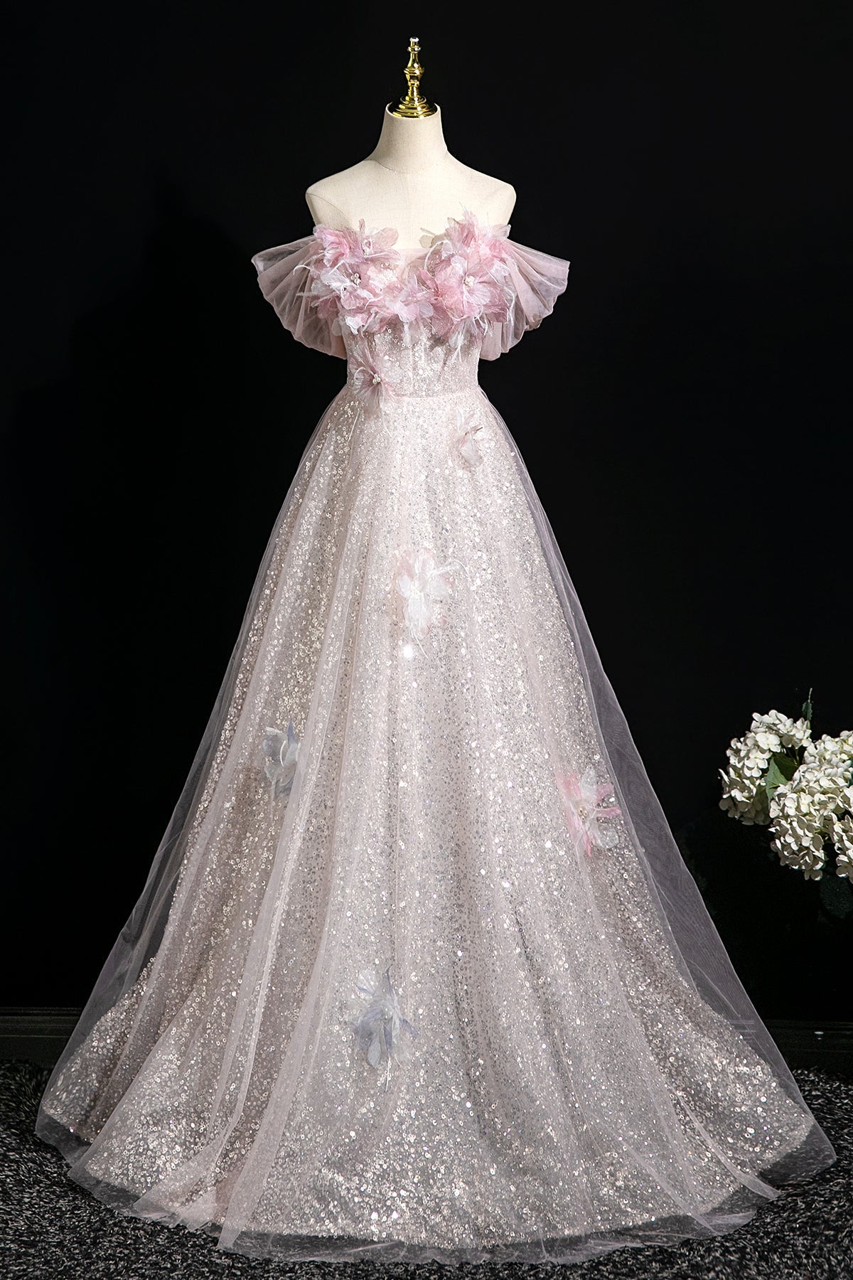 Pink Tulle Sequins Long Prom Dress, A-Line Off the Shoulder Party Dress viviyshop.com