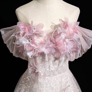 Pink Tulle Sequins Long Prom Dress, A-Line Off the Shoulder Party Dress viviyshop.com