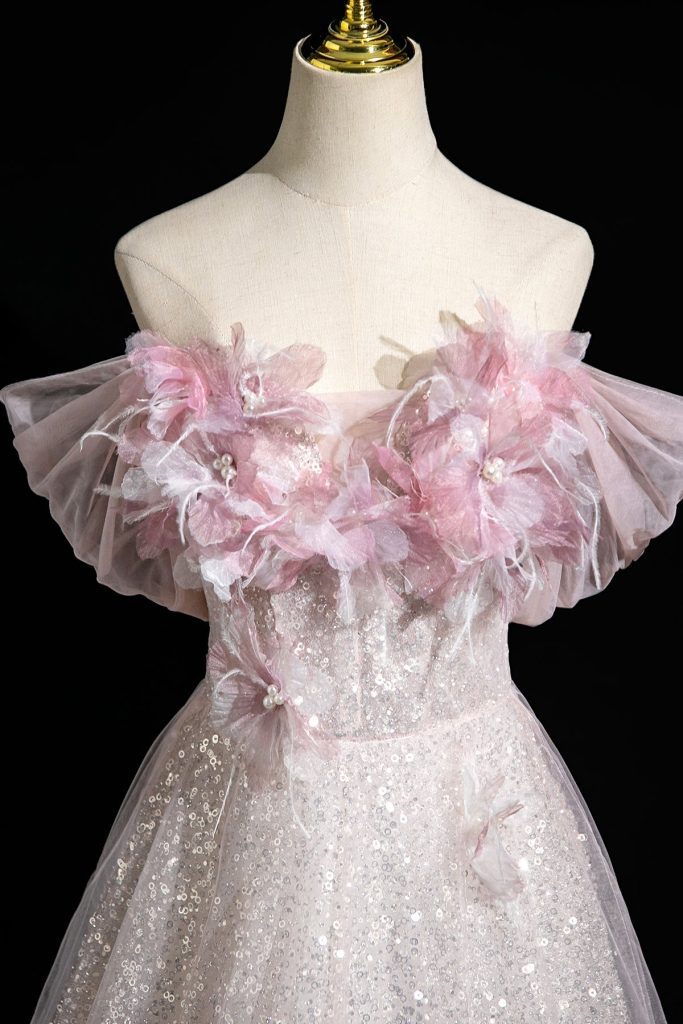 Pink Tulle Sequins Long Prom Dress, A-Line Off the Shoulder Party Dress viviyshop.com