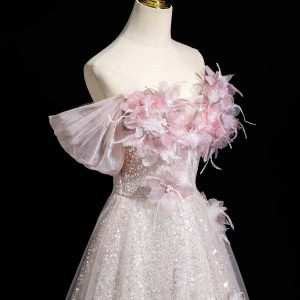 Pink Tulle Sequins Long Prom Dress, A-Line Off the Shoulder Party Dress viviyshop.com