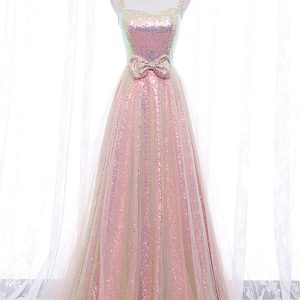Pink Tulle Sequins Long Prom Dress, Cute Short Sleeve Evening Dress viviyshop.com