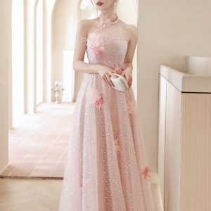 Pink Tulle Sequins Long Prom Dresses, Pink Off Shoulder Evening Dresses viviyshop.com