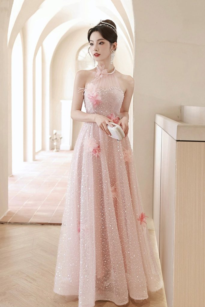 Pink Tulle Sequins Long Prom Dresses, Pink Off Shoulder Evening Dresses viviyshop.com