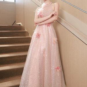 Pink Tulle Sequins Long Prom Dresses, Pink Off Shoulder Evening Dresses viviyshop.com