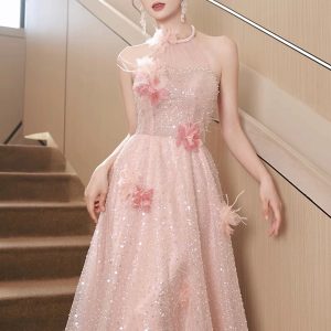 Pink Tulle Sequins Long Prom Dresses, Pink Off Shoulder Evening Dresses viviyshop.com