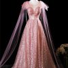 Pink Tulle Sequins Long Prom Dress, Shiny A-Line Evening Formal Dress viviyshop.com