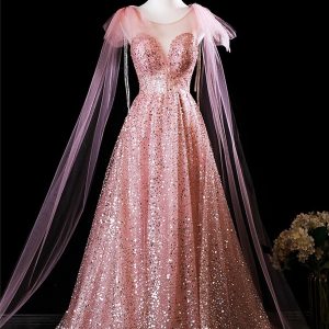 Pink Tulle Sequins Long Prom Dress, Shiny A-Line Evening Formal Dress viviyshop.com