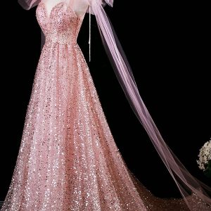 Pink Tulle Sequins Long Prom Dress, Shiny A-Line Evening Formal Dress viviyshop.com
