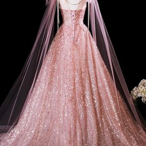 Pink Tulle Sequins Long Prom Dress, Shiny A-Line Evening Formal Dress viviyshop.com