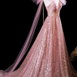 Pink Tulle Sequins Long Prom Dress, Shiny A-Line Evening Formal Dress viviyshop.com