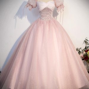 Pink Tulle Sequins Long Prom Dress, Lovely A-Line Short Sleeve Evening Party Dress viviyshop.com