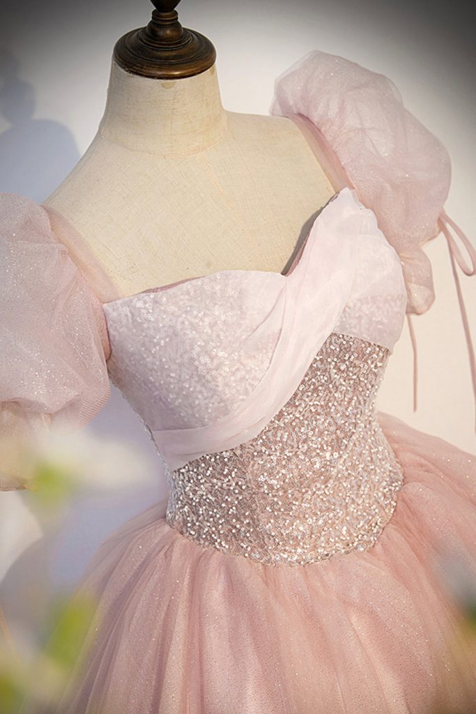 Pink Tulle Sequins Long Prom Dress, Lovely A-Line Short Sleeve Evening Party Dress viviyshop.com
