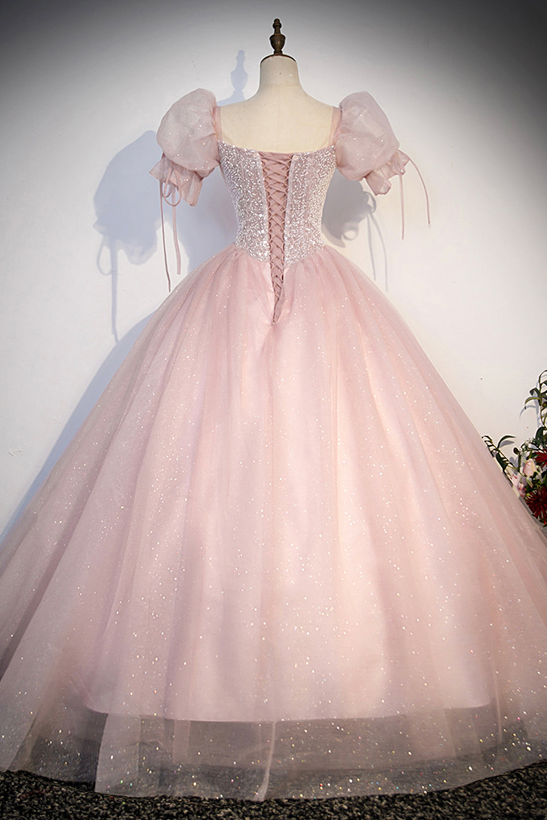 Pink Tulle Sequins Long Prom Dress, Lovely A-Line Short Sleeve Evening Party Dress viviyshop.com