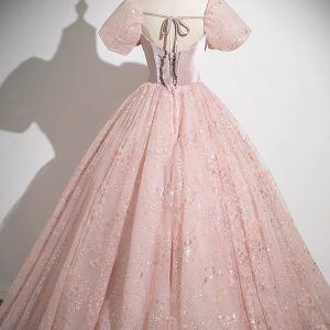 Pink Tulle Sequins Long Prom Dress, Beautiful A-Line Party Dress viviyshop.com