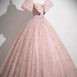 Pink Tulle Sequins Long Prom Dress, Beautiful A-Line Party Dress viviyshop.com