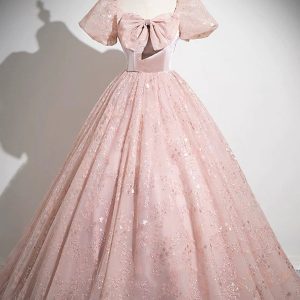 Pink Tulle Sequins Long Prom Dress, Beautiful A-Line Party Dress viviyshop.com